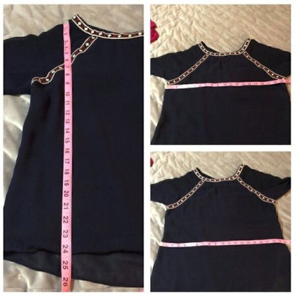 SKIES ARE BLUE Embroidered Mesh Blouse Long sleeve Navy Blue and Red Top M - Picture 9 of 9